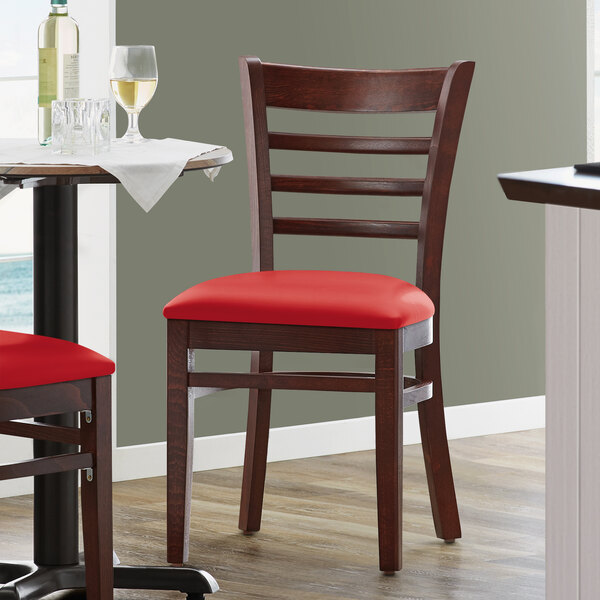 Lancaster Table & Seating Mahogany Finish Wooden Ladder Back Chair with 2 1/2" Red Padded Seat