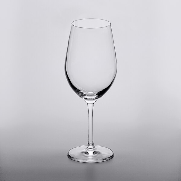 A close up of a clear Lucaris Cabernet wine glass.
