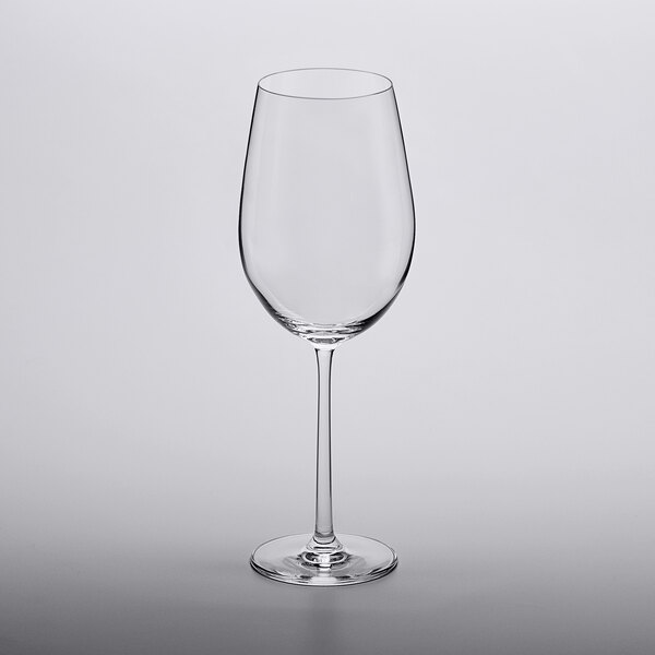 A close up of a clear Lucaris Soul Bordeaux wine glass.