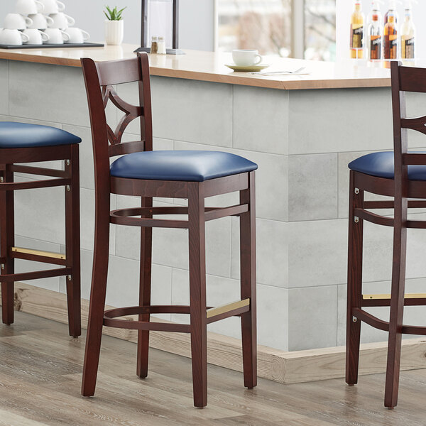 Lancaster Table & Seating Mahogany Diamond Back Bar Height Chair with 2 1/2" Navy Padded Seat