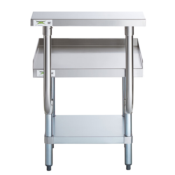 A Regency stainless steel equipment stand with a galvanized shelf.