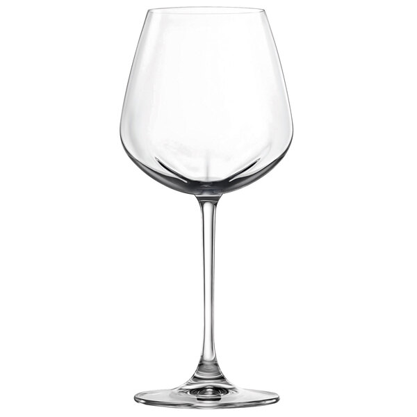 A close-up of a clear Lucaris Desire wine glass with a long stem.