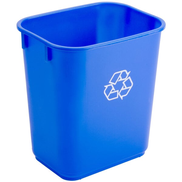 A blue rectangular recycling wastebasket with a recycle symbol on it.