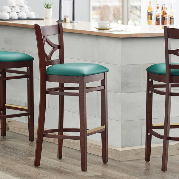 Lancaster Table & Seating Mahogany Diamond Back Bar Height Chair with 2 1/2" Green Padded Seat