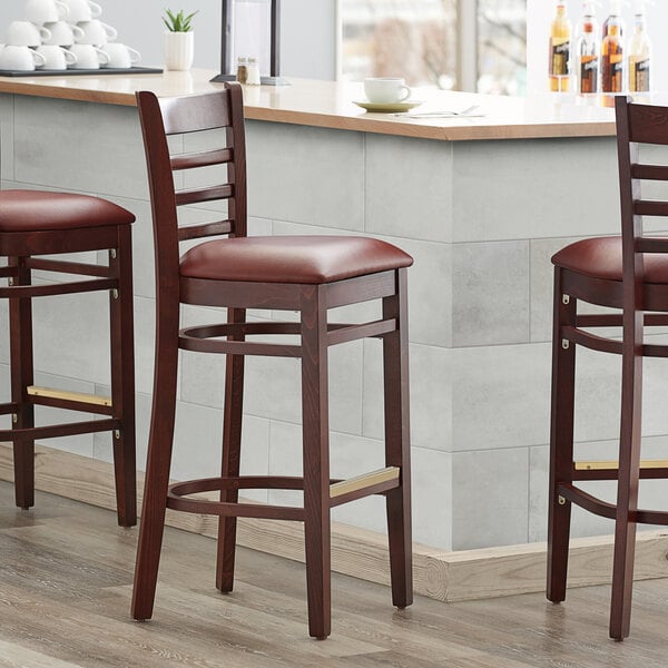 Lancaster Table & Seating Mahogany Ladder Back Bar Height Chair with Burgundy Padded Seat