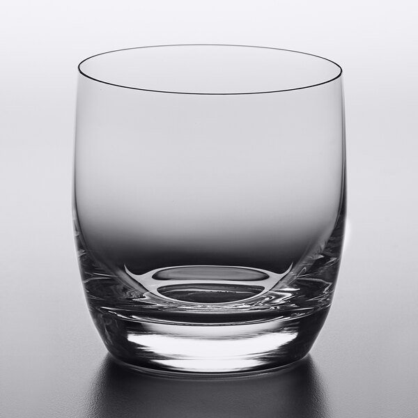 A close up of a Lucaris double old fashioned glass on a table.