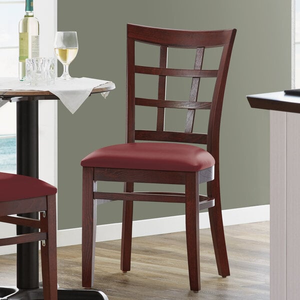 Lancaster Table & Seating Mahogany Wooden Window Back Chair with 2 1/2" Burgundy Padded Seat