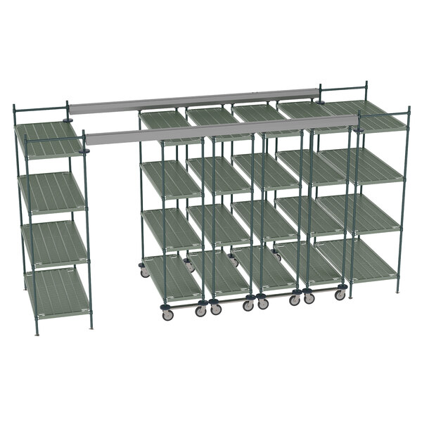 A grey metal Metro Top-Track shelving unit with four shelves.