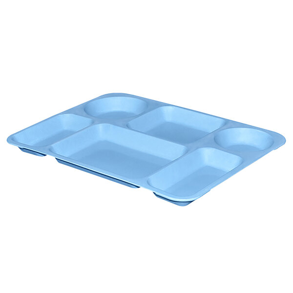 A sky blue MFG Tray rectangle with six compartments.
