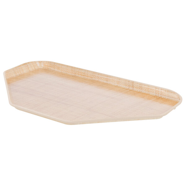 A MFG Tray rattan trapezoid fiberglass cafeteria tray with a rectangular shape and wooden handles.