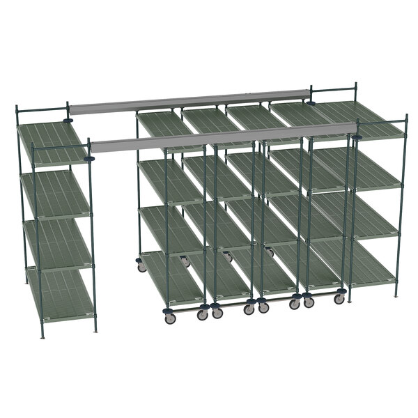 A Metro Top-Track shelving unit with wheels and metal shelves.