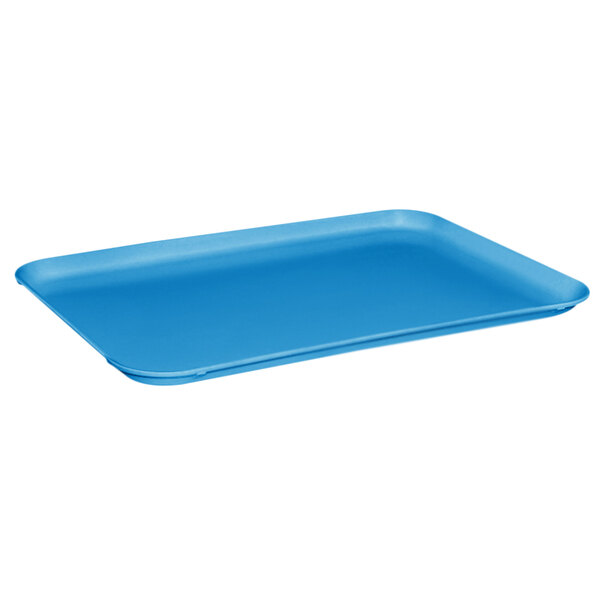 A blue rectangular MFG Tray cafeteria tray.