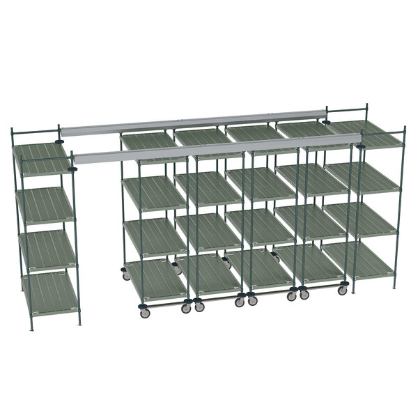 A Metro Super Erecta Pro top-track kit with shelves on wheels.