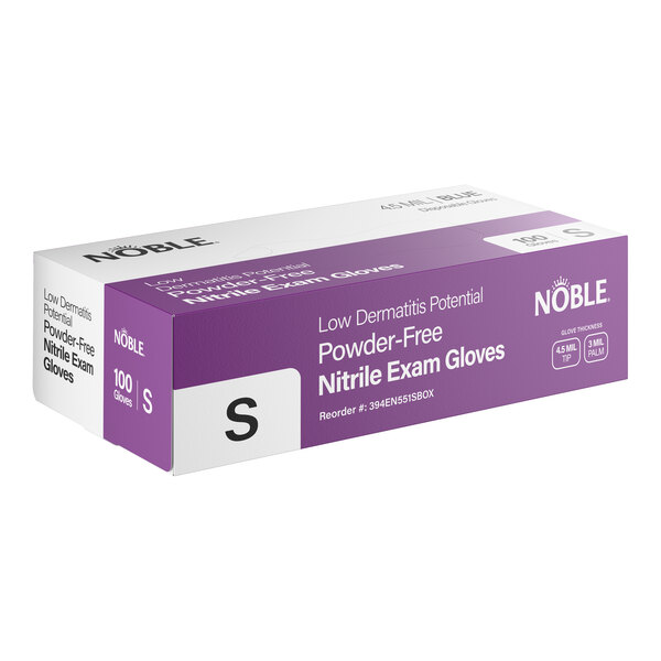 A box of Noble Low Dermatitis Potential Powder-Free Nitrile Exam Gloves in size small, containing 100 gloves.