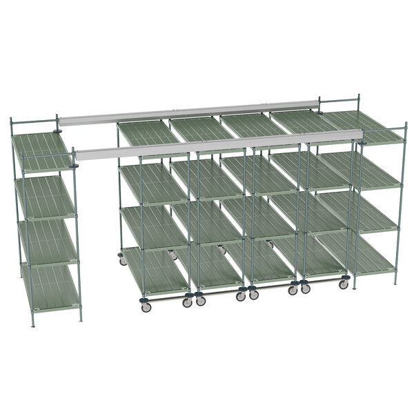 A white metal Metro Top-Track shelving unit with wheels.