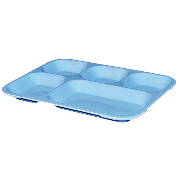 A blue tray with five compartments.