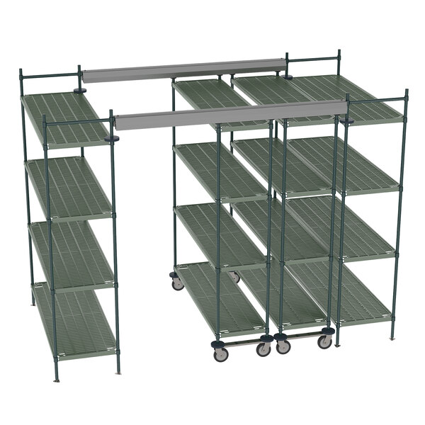 A close-up of a metal shelving unit with wheels.