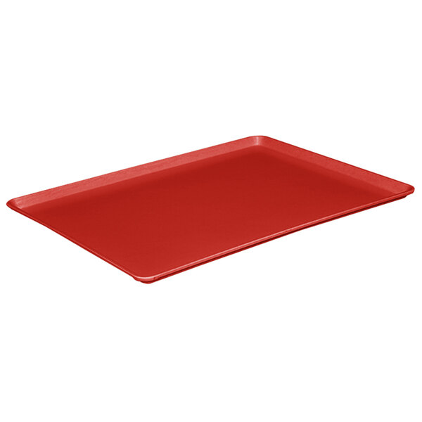 A red rectangular MFG Tray on a white background.