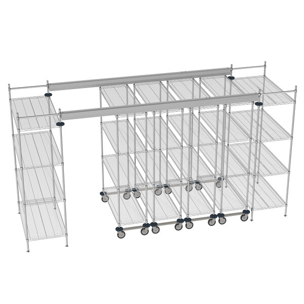 A wireframe of a Metro Top-Track shelving system with wheels and shelves.