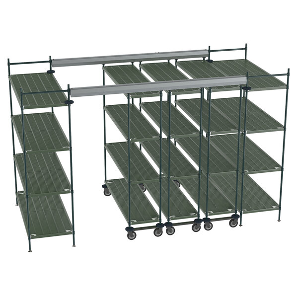 A metal Metro top-track shelving unit with wheels.