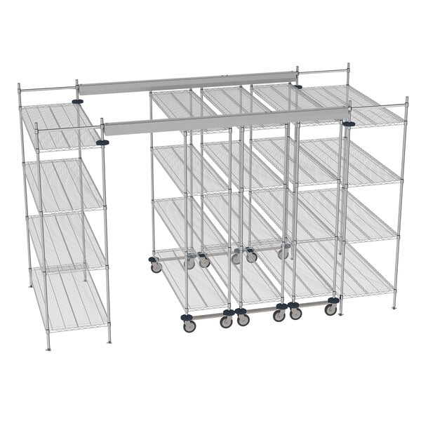 A wireframe Metro top-track rack on wheels with shelves.