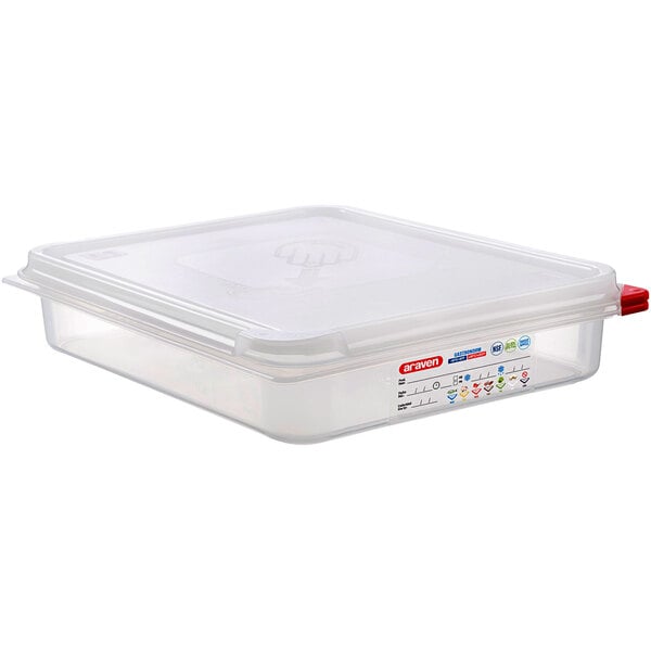 An Araven translucent plastic food pan with an airtight lid.