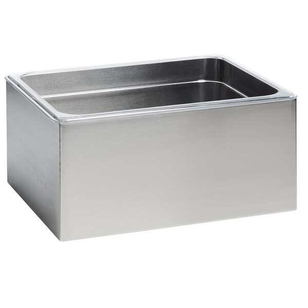 A stainless steel Cal-Mil ice housing with a clear polycarbonate pan on a counter.