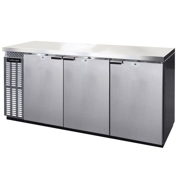 A stainless steel Continental Refrigerator back bar refrigerator with three doors.