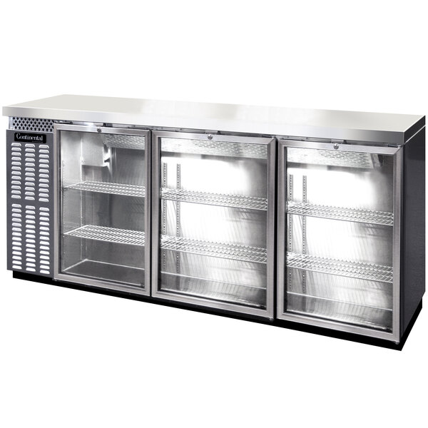 A Continental Refrigerator stainless steel back bar refrigerator with three glass doors.