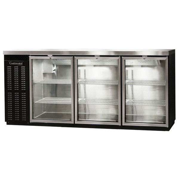 A black refrigerator with three shallow-depth glass doors.