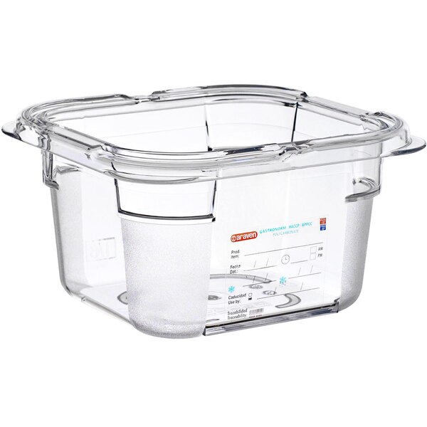 A clear plastic Araven food pan with a lid.