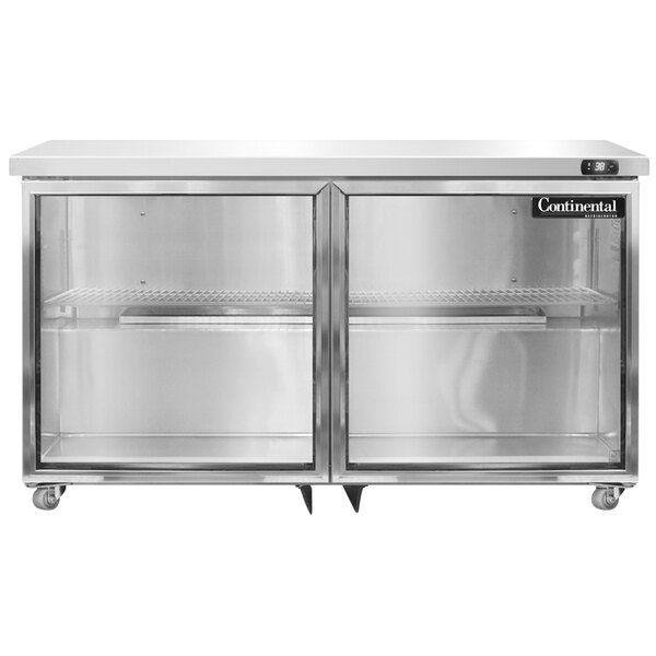 A stainless steel Continental undercounter refrigerator with glass doors.