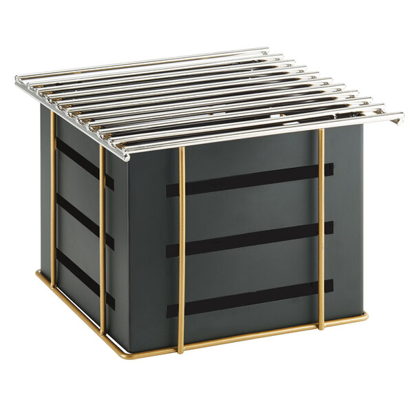 A black metal Cal-Mil Empire chafer alternative with gold metal bars on top.