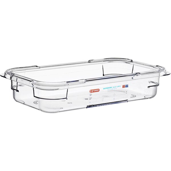 An Araven clear plastic food pan with lid.