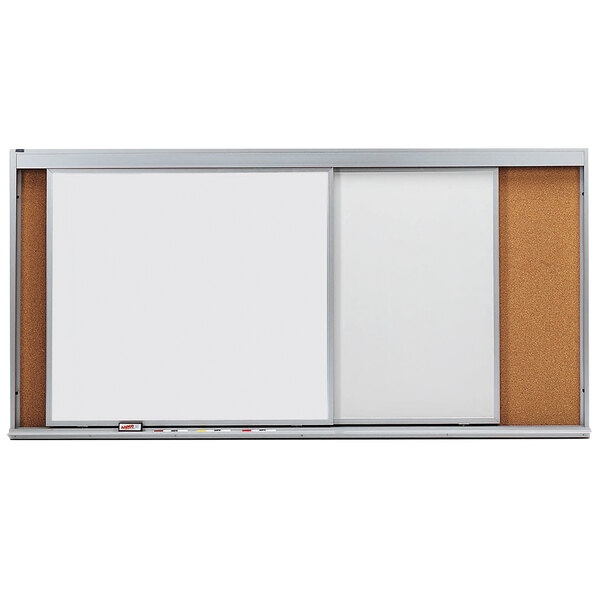 A white rectangular cork board with two white marker boards on the bottom.