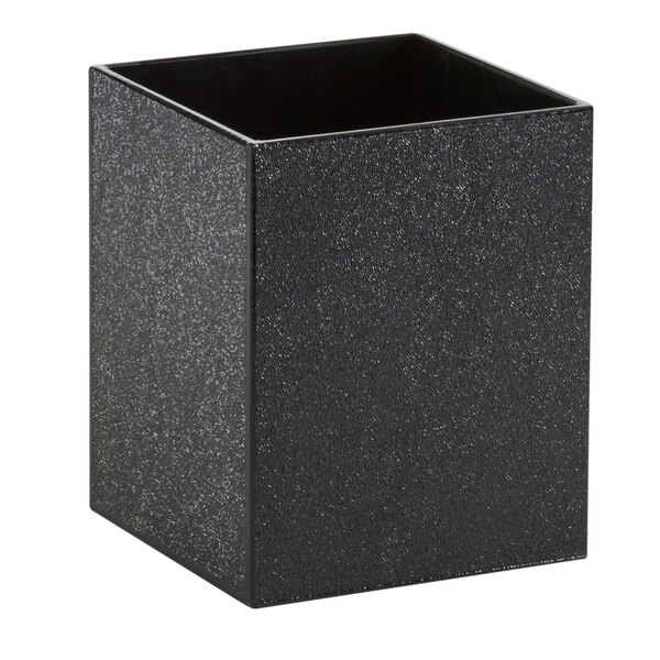 A black square Cal-Mil condiment container with a shiny surface and a lid.