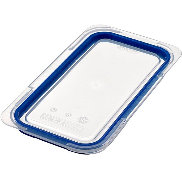 A clear Araven polypropylene food pan lid with blue trim.
