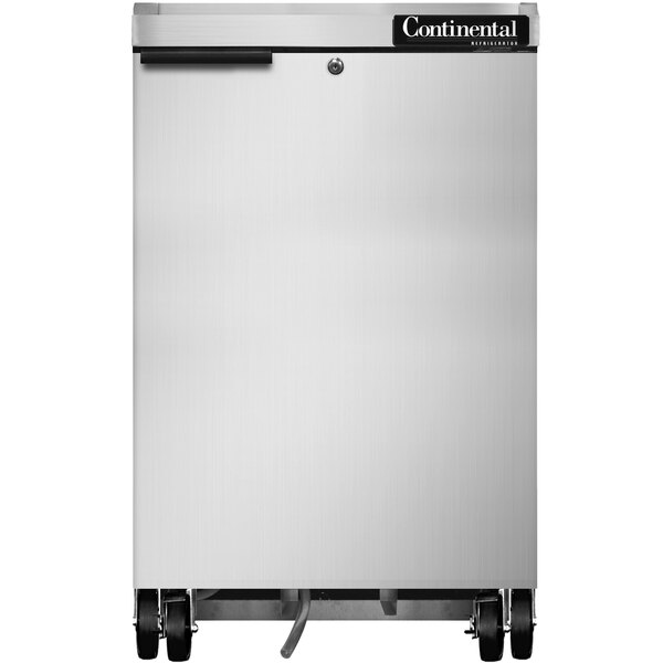 A Continental Refrigerator stainless steel back bar refrigerator with wheels.