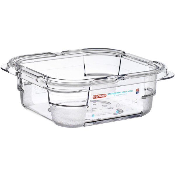 A clear Araven 1/6 size plastic food pan.