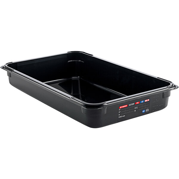 A black rectangular Araven plastic food pan with a lid.