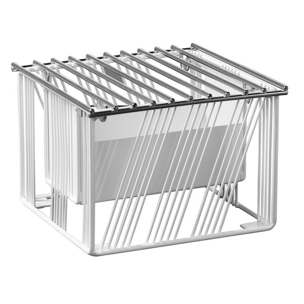 A white metal rack with metal rods.