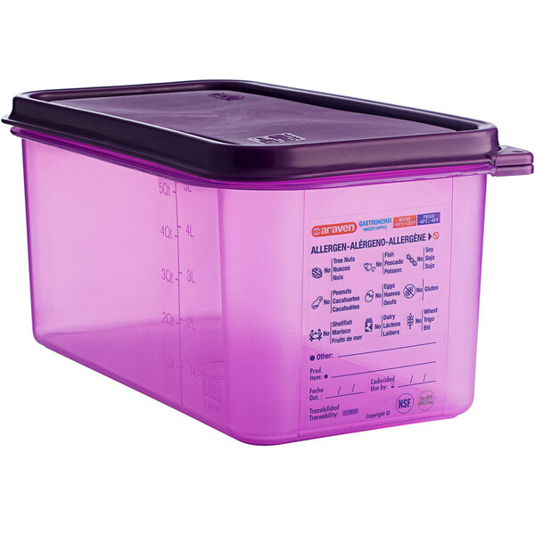 An Araven purple polypropylene food pan with airtight lid.