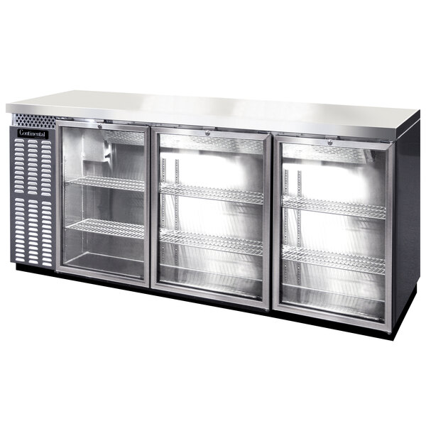 A stainless steel Continental Back Bar refrigerator with glass doors.