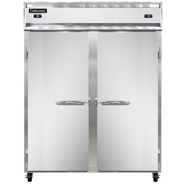 A Continental Refrigerator dual temperature reach-in refrigerator/freezer with two open doors.