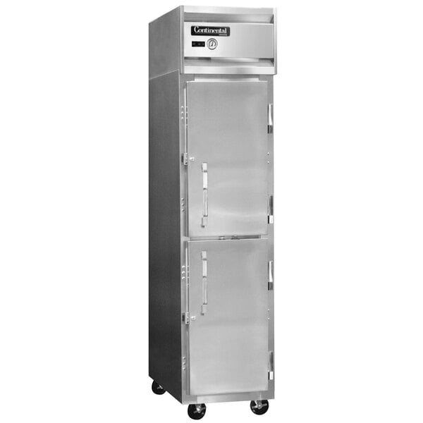 A Continental Refrigerator stainless steel reach-in freezer with two half doors.