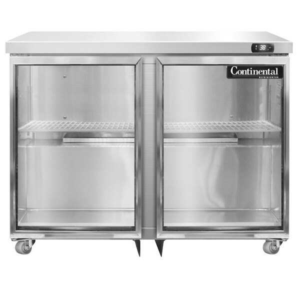 A stainless steel Continental Undercounter Refrigerator with two glass doors.