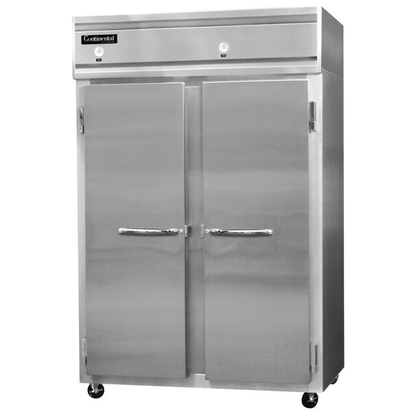 A stainless steel Continental Refrigerator with two doors, one solid and one glass.