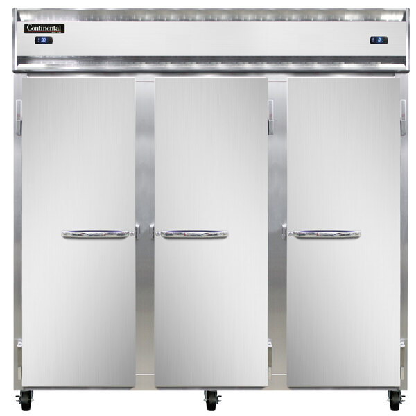 A large Continental Refrigerator with three stainless steel doors.