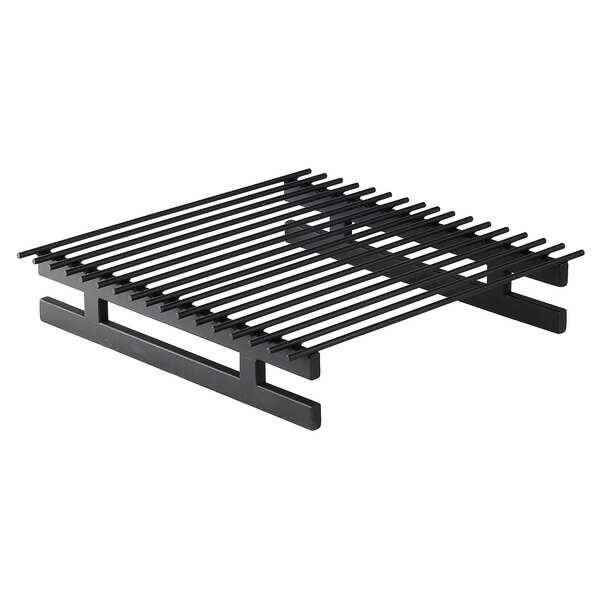 A black metal rack with long black rods.