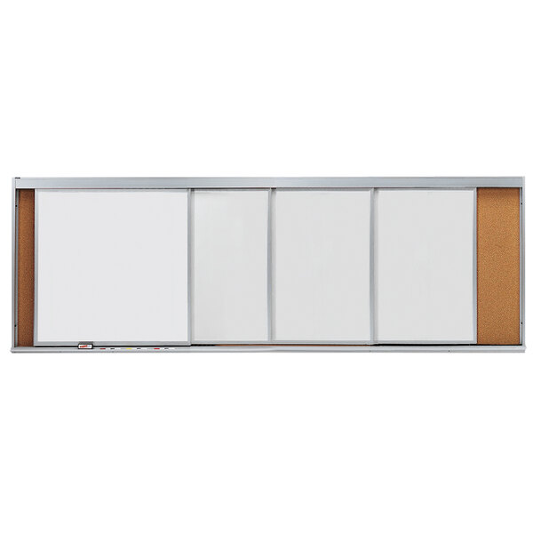 A white rectangular cork board with a silver frame and four horizontal sliding marker boards.